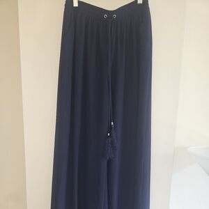 Navy Wide-Leg Pants with Tassel Tie